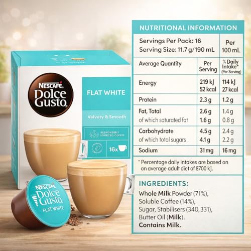 Image of NESCAFE Dolce Gusto Flat White Coffee Capsules - 16 Pods (187.2g) - Smooth & Creamy Coffee with Milk, Arabica & Robusta Blend, Cafe-Style Flat White, Compatible with Dolce Gusto Machines, By Cougar - (IMPORTED-UK)