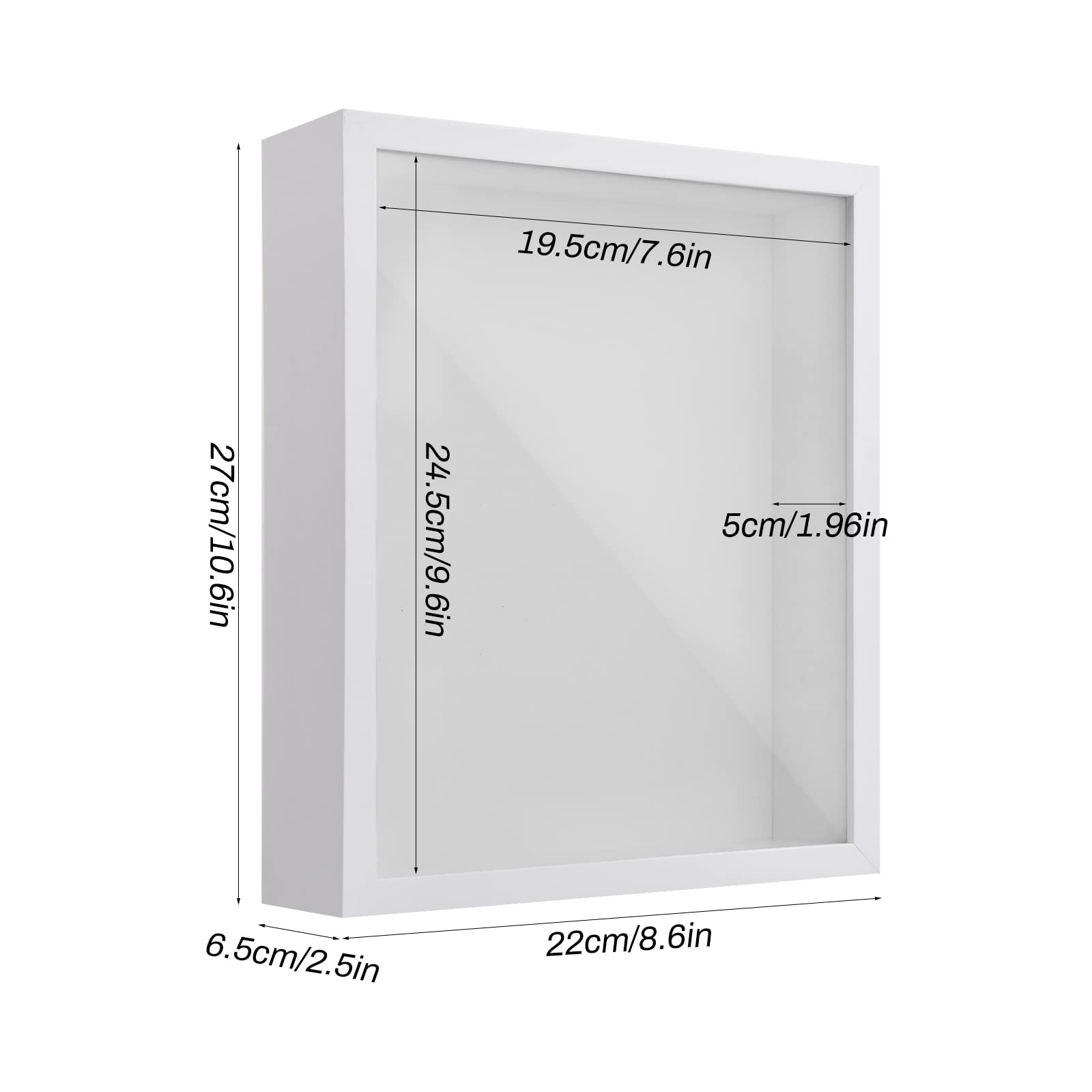 cornice 3D Profonda, 22x27cm Ombra Profonda Box Portafoto, Legno Cornice per Oggetti con Foglio Acrilico Trasparente, Contenitore Riempibile per Souvenir Fiore (Bianco 5CM)