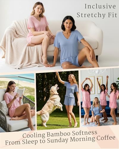 Image of Bamboo Viscose Pajamas for Women Set 2 Piece Comfy Lounge Sets Soft Tshirt & Sleep Pjs Shorts with Rose Applique
