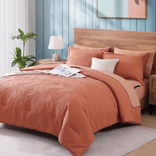 Image of Full Size Comforter Sets - 7 Pieces Textured Bed in a Bag Full Bedding Set | All Season Burnt Orange Botanical Comforter Bed set with Sheets, Pillowcases & Shams