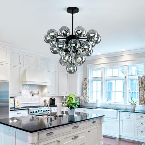 Image of Black Modern Glass Globe Chandelier Mid Century 21-Light Pendant Lights Bubble Sputnik Ceiling Light Fixture for Dining Room Farmhouse Kitchen Living Room Bedroom Office.