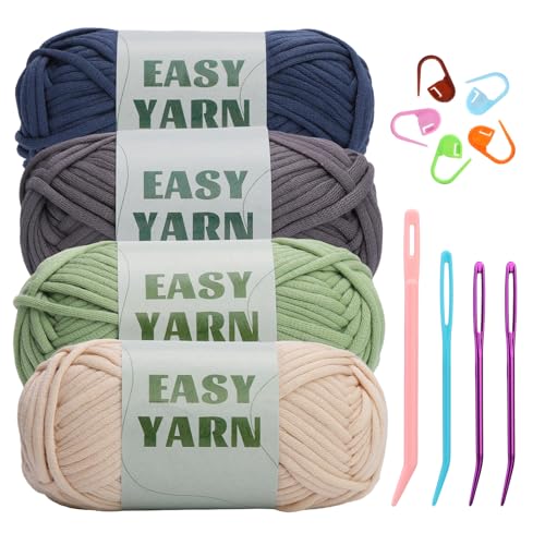 4x50g Crochet Yarn, Chunky Yarn for Crochet Easy Cotton Yarns for Crochets with Easy-to-See Stitches, Stitch Markers