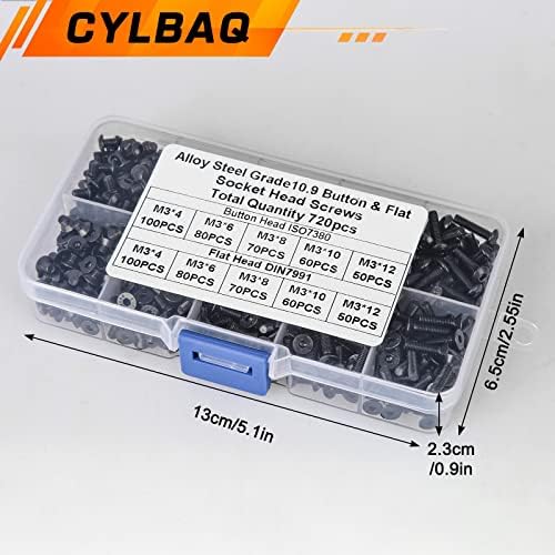CYLBAQ Bolts and Nuts Sets, 720pcs M3 Hex Socket Button Head Cap + Flat Head Socket Cap Screws Bolts Nuts Assortment Kit, Alloy Steel Metric Hexagonal Screw Set with Allen Wrench, Tweezer(Black)