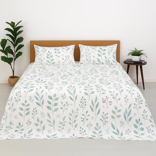 Image of linenaffairs King Size Bedsheet – Green Petals - 108 x 108 Inches – Brushed Microfiber Flat Sheet with Pillow Covers – Soft, Cooling, Wrinkle & Fade Resistan
