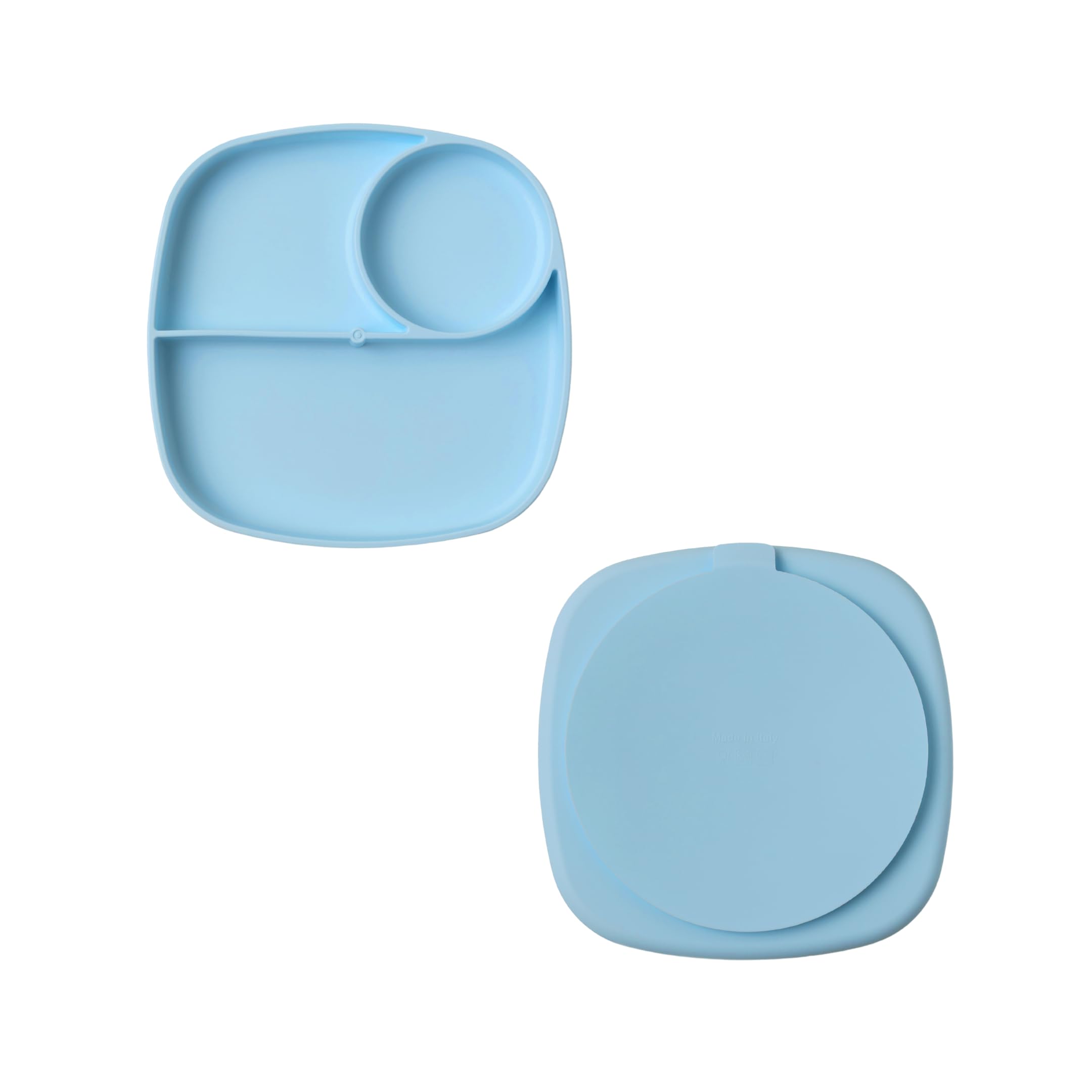 muchmellow - Piatto in Silicone MADE IN ITALY per Svezzamento con 3 Scomparti Divisori e Ventosa Anticaduta, Plastic Free, BPA Free, Lavabile Lavastoviglie (Azzurro)
