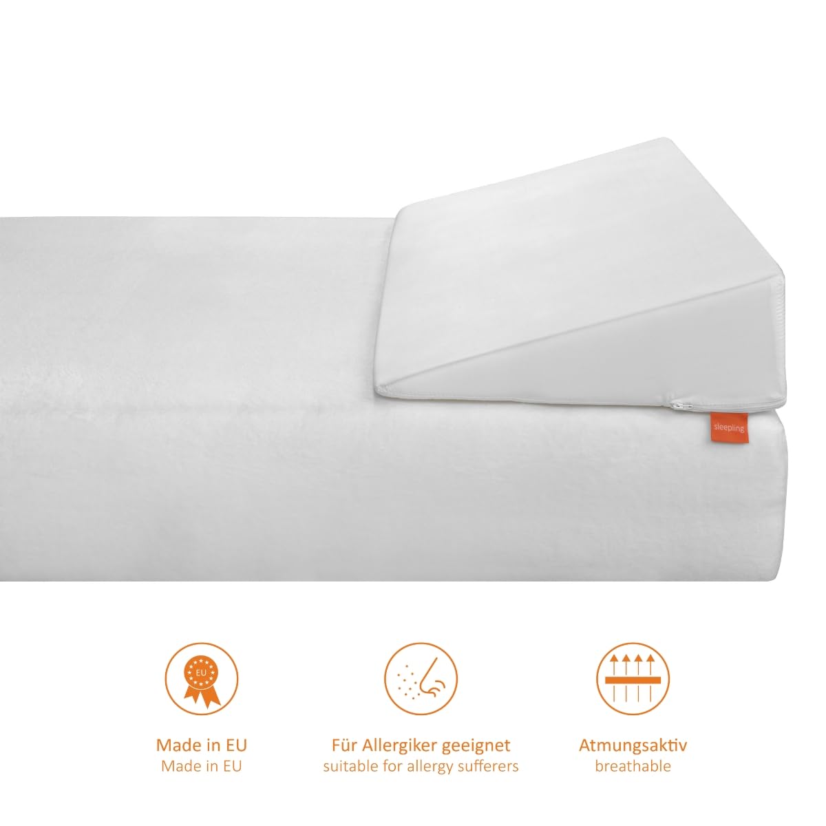 sleepling 196629 - Cuscino a cuneo, rialzo per letto con rivestimento in microfibra, lavabile fino a 60 gradi, con certificazione Ökotex, Made in EU, 45 x 100 x 15 cm, colore bianco