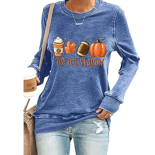 Ladies Tis The Season Fall Top Pumpkin Fave Football Leaf Coffee Mug Cute Long Sleeve Graphic Shirt Tops Blue XL