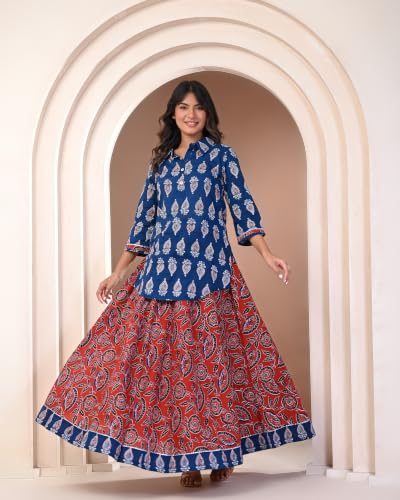 Image of KANNAHI Women Pure Cotton Blue and Rust Ethnic Motif Ajrakh Handblock Printed Kurta Set