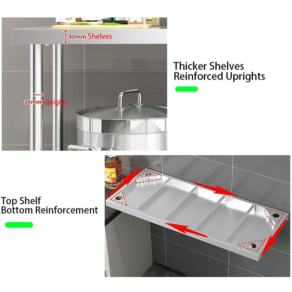 Mesa De Preparación De Acero Inoxidable De 180Cm con Patas Y Estantes Ajustables Estación De Trabajo De Cocina Tres Niveles Bancada Profesional para Talleres,Plata,L150*H80*W50