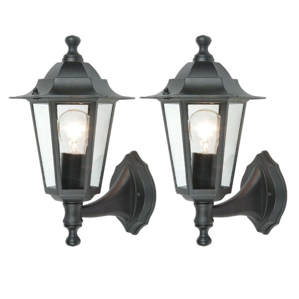 Britalia Black 2 Pack - & Clear Glass Panel Outdoor Vintage Up Coach Lantern Wall Light | Ip44 Rated | 31Cm Height | 1 X Es E27 Lamp Required | Garden - Patio - Driveway | Uk Approved | Aluminium