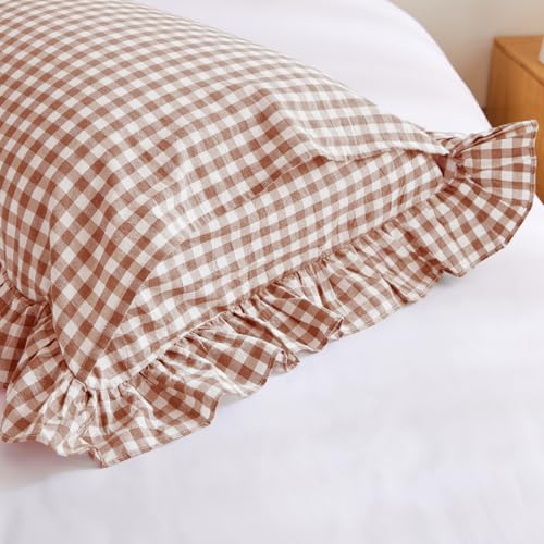 Taupe and White Plaid Euro Pillow Shams Ruffle Pillowcases Set of 2, Checkered Pillow Cover Washed Cotton Gingham Pillow Covers - 26"x26",Taupe/White Plaid