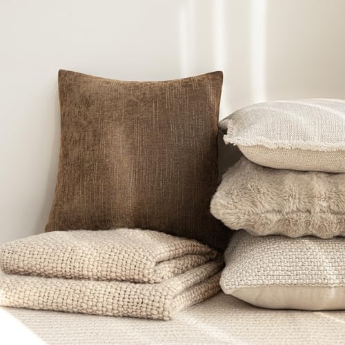 Image of Foindtower Set of 2 Soft Textured Chenille Throw Decorative Pillow Covers Square Accent Solid Cushion Cover Cozy Neutral Farmhouse Pillow Case for Couch Sofa Bedroom Living Room 22x22 Inch,Dark Bronze