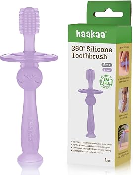 haakaa 360 Silicone Baby Toothbrush 100% Soft Food Grade Silicone, BPA-Free, Suction Base, Safe for Babies 6 Months+, Gentle Gum and Teeth Cleaning for Infants, Gum Massager Lilac