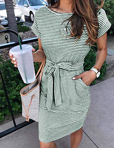 Merokeety Women's Summer Striped Short Sleeve T Shirt Dress Casual Tie Waist Midi Dress, Olive, S #TOP1