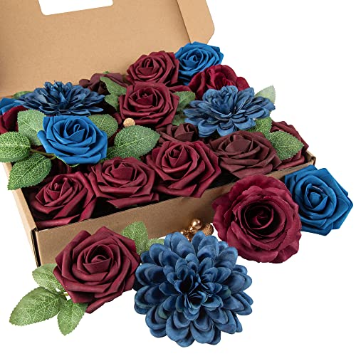 Exoment Artificial Flowers Combo Box Set Multi Use Fake Flowers Box Silk Rose With Stems For Diy Centerpieces Arrangements Candle Holder Baby Shower (Noble Burgundy And Royal Blue) #TOP4