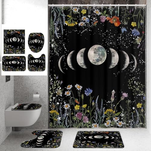 EOVDSFW Black Gothic Shower Curtain Set Moon Phrase Goth Witchy
