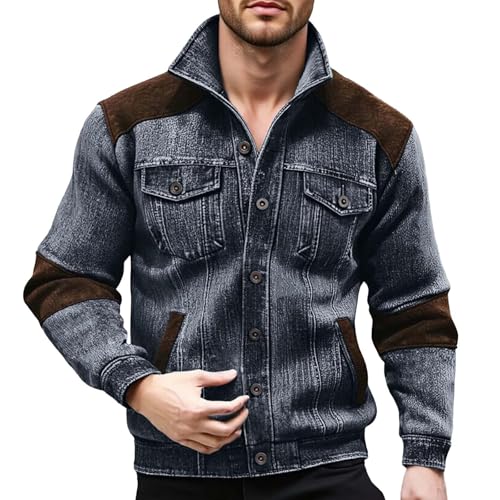 Modeewel Chaqueta vaquera para hombre, patchwork, chaqueta informal de mezclilla lavada, chaqueta informal con bolsillos, vintage, manga larga, chaqueta vaquera, informal, con botones, con bolsillo en