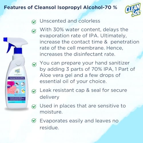 Image of Cleansol Isopropyl Alcohol (70%) For Cleaning | Multipurpose Disinfectant & Surface Sanitizer Spray | No Residue | Rubbing Alcohol for Derma Roller | For Home, Office, Hospital & Clinic - 500ml