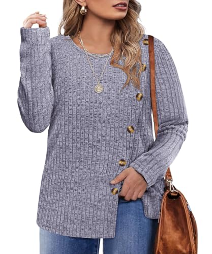 Image of RITERA Plus Size Sweater, Ribbed Long Sleeve Solid Top for Women | Soft vertical ribbed knit, modest V neck, loose long sleeves, curved swing hem, slimming casual layering top for curvy women