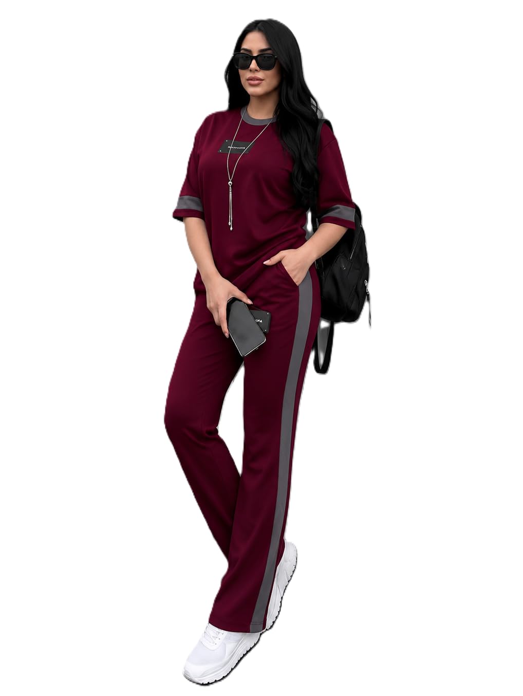 zurity Tracksuit for Women | Casual Brown Loungewear 2 Piece Set | Short Sleeve T Shirt and Wide Leg Pants with Side Stripes | Sports Jogging Co ord Matching Sweatsuit(40-N-1-4)-picture-15