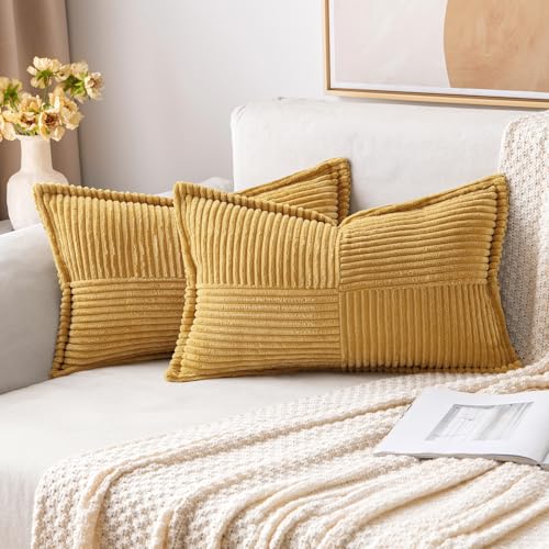 Image of MIULEE Decorative Lumbar Throw Pillow Covers for Couch Bed Livingroom 12x20 Inch Set of 2 Gold Boho Accent Throw Pllows Broadside Striped Patchwork Soft Corduroy Summer Pillowcases