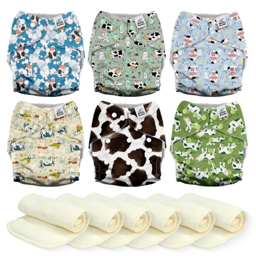 Image of Mama Koala 6 Pack Reusable Cloth Diapers 3.0 for Babies Girls Newborn, One-Size Adjustable Baby Diaper, Durable Stitching, Back Opening for Inserts, Breathable Awj Lining, Leak Prevention-Happy Moo