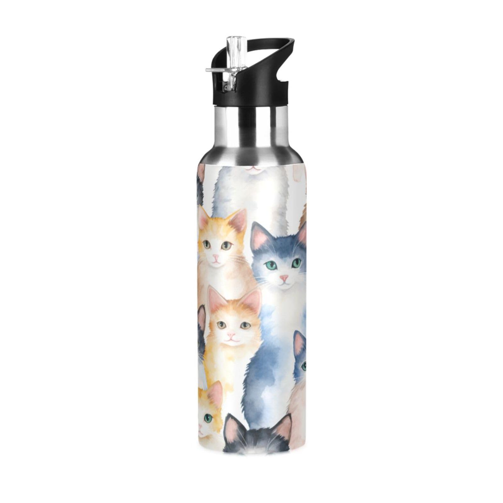 Mnsruu 20 Oz Water Bottle with Straw Watercolor Cat Stainless Steel Water Bottle for Traveling Sports Leakproof Insulated Water Bottle โ image 1