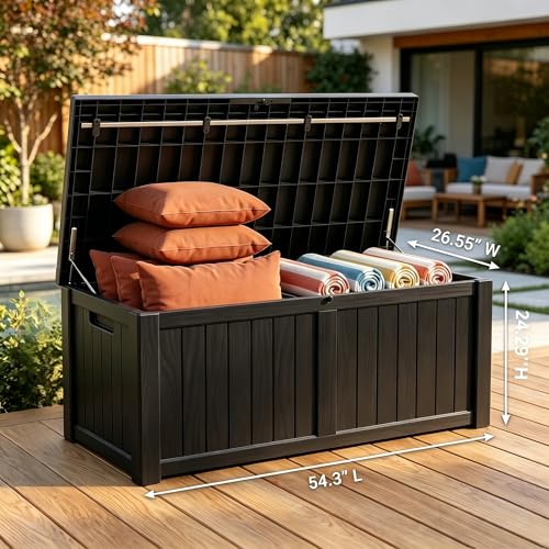 Image of 121 Gallon Resin Deck Box for Patio - Outdoor Storage Chest for Patio Furniture Cushions, Garden Tools, Pool Accessories - Lockable, Waterproof, All-Weather, Wood Grain Design, Easy Assembly