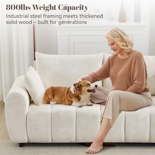 Image of 81.5 inch Chenille Love Seat Sofa, 2 Seater Modular Sectional Couch with Deep Seat, Solid Wood Legs, Cloud Couch for Bedroom, Living Room, Mid Century Modern Loveseat, Tufted Sofa, Beige