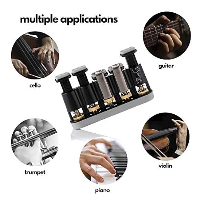 Django Hand Exerciser Strengthener | 5 Finger Grip Adjustable | for Guitar, Musicians, Athletes, Rock Climbers, and Physical Therapy | Includes 3 Resistance Training Workout Cards | Fully Guaranteed