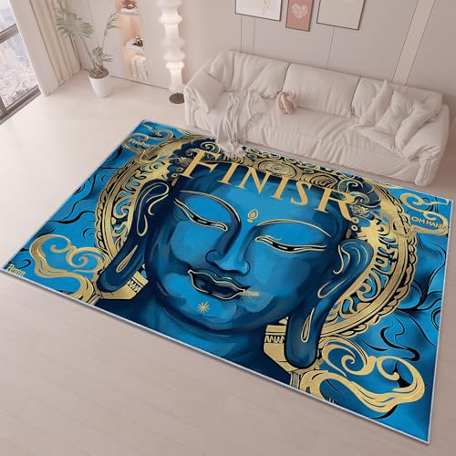 Tapis 60 x 90 cm Salon Lavable en Machine Super Doux Tapis Poil Court Tradition Rayures Bouddha Tapis de Décoration Paillasson Intérieur pour Chambre à...