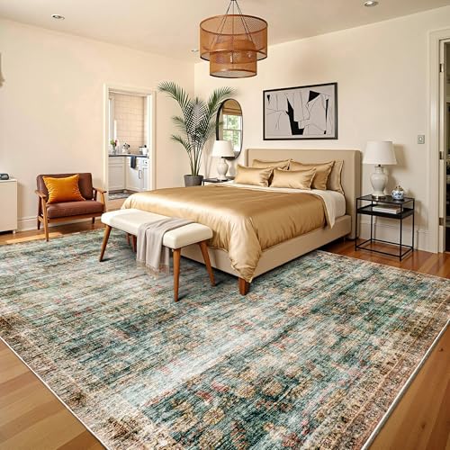 Image of AMERLIFE 8'x10' Area Rug, Machine Washable Vintage Area Rug- Soft Carpet with Non-Slip Backing for Living Room, Bedroom, Hallway- Blue