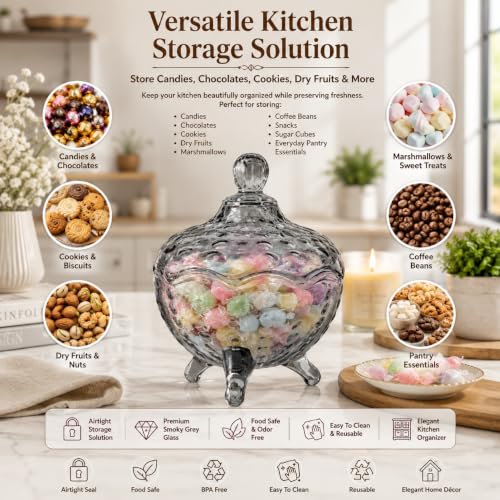 Image of bellemax Smoky Grey Glass Candy Jar with Lid | Decorative Glass Candy Storage Container | Cookie, Chocolate, Dry Fruit & Snack Jar | Kitchen Counter, Dining Table & Home Decor | Pack of 1