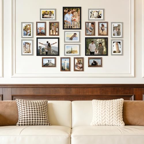 Image of upsimples Picture Frames set of 19, Including 8x10, 5x7, 4x6 Rustic Frame | Black Brown Gray Multi Picture Frames Collage Wall Decor , Gallery Wall Frame Set, Gift For Christmas, Mothers' day, Wedding
