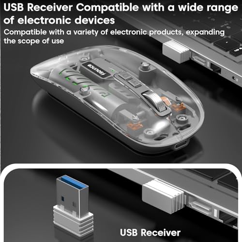 Image of Sounce AeroClick Transparent Wireless and Bluetooth Rechargeable Mouse with 500mAh Battery, 3 Adjustable DPI 800 1200 1600, Dual Bluetooth 5.1 and 2.4GHz Wireless, LED Display for PC Laptop Mac (Grey)