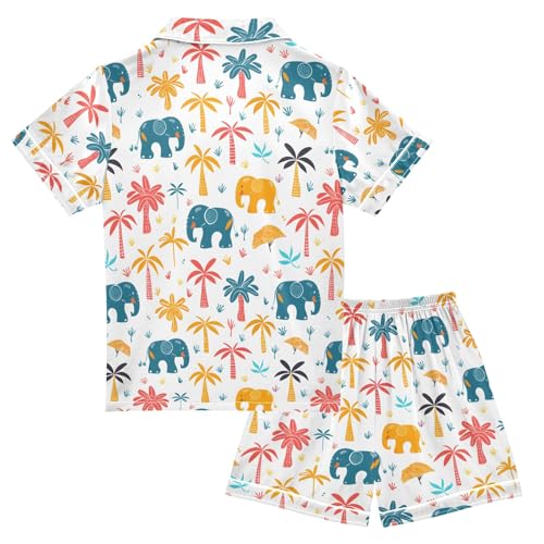 Hand Drawn Doodle Elephants Summer Satin Pajama Set, Cute Button-Down Sleepwear Pj Set for Sleep Wears2