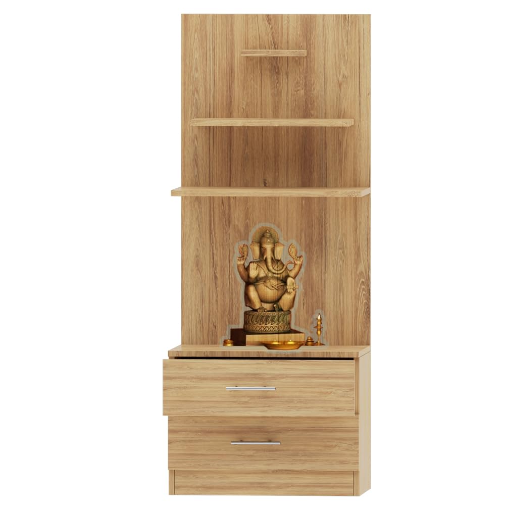 Mahmayi Modern Wooden Mandir, Temple with 2 Drawers for Storage Pooja Essentials and 3 Shelves for God Statue Sturdy Steel Legs Ideal for Home, Office, Temple - Brown Kansas Oak