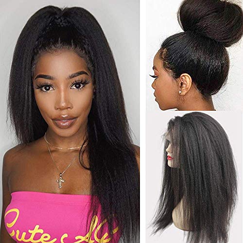 Yaki Straight Human Hair Wig 4x4 Lace Closure Wigs Kinky Straight Hair Curly Yaki Wigs For Black Women Natural Black Color 20 Inch