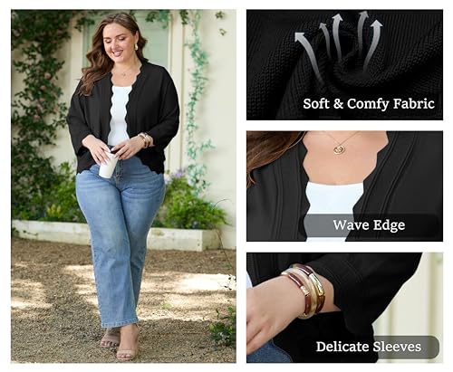 OLRIK Plus Size Cardigan for Women 3/4 Sleeve Lightweight Casual Open-Front Ribbed Wave Edges Knit Cropped Shrugs Sweaters4