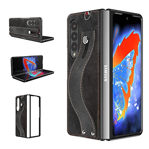 Foluu Galaxy Z Fold 3 5G Case, Galaxy Z Fold 3 5G Phone Case 2021, [Slim & Lightweight] PU Leather Back Cover Hard PC Holder with Hand Strap Protective Case for Samsung Galaxy Z Fold 3 5G 2021 (Black)