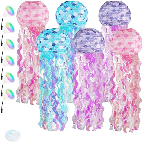 Image of Glowing Jellyfish Lanterns for Under The Sea Party - 6-Pack with 36ft String, Color LED Light, Hanging Jellyfish Decor for Mermaid Birthday, Ocean-Themed Party Decorations