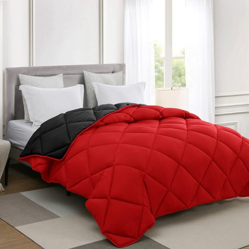 L LOVSOUL Fluffy Reversible Duvet Insert,Ultra Soft Brushed Microfiber Cover,Lightweight,Diamond,Queen Size,Black-Red,90x90inches