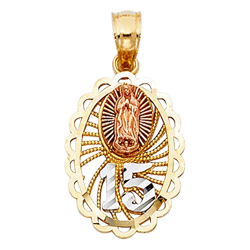Ioka 14K Tri Color Gold Sweet 15 Years Quinceanera Virgin Mary Round Charm Pendant with 1.9mm Figaro 3+1 Chain Necklace3