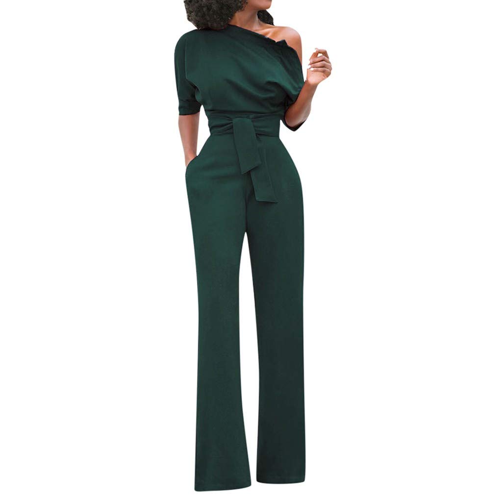 RISTHY Mono Fiesta Mujer Elegante Un Hombro Manga Corta Talla Grande Mono de Pierna Ajustado Largo Monos Fiesta Recta con Traje de Clubwear con Cinturón