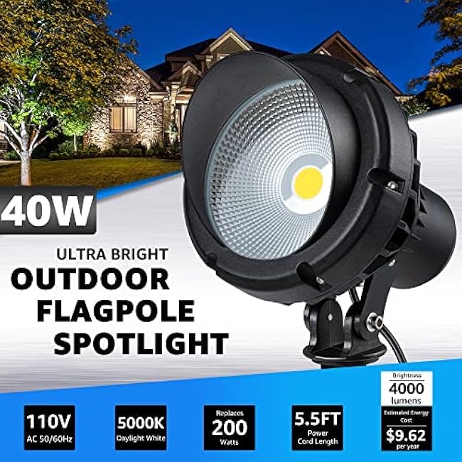 SUNVIE LED 40W Spot Lights 5000K Daylight White Flag Pole Light