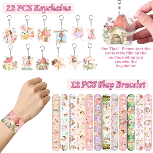 JIUMANGO 98PCS Party Favors - Woodland Fairy Decorations with Slap Bracelets, Stickers, Badges, Keychains, Tattoos for First Birthday Party Supplies by JIUMANGO - Used condition - Image 3