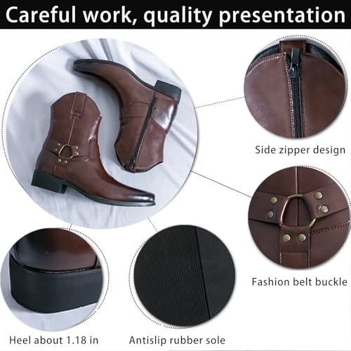 Men's Western Cowboy Boots - Fashion Pointed Toe Chunky Low Heel Belt Buckle Side Zipper Ankle Retro Classic Anti-Slip Short Boots2