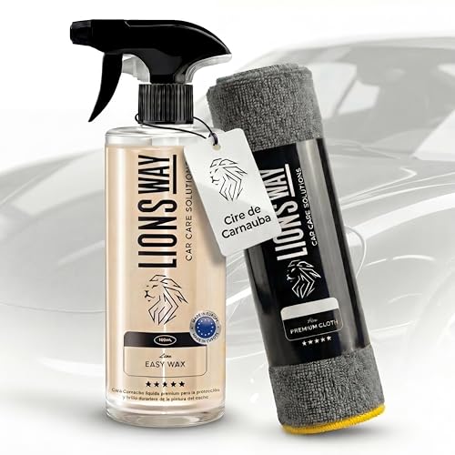 LionsWay Cire de Carnauba 100% Pure pour Voiture & Moto – Traitement Céramique Hydrophobe – Sans Silicone – Cire Liquide Haute Brillance – 500ml + Chiffon Microfibre Premium