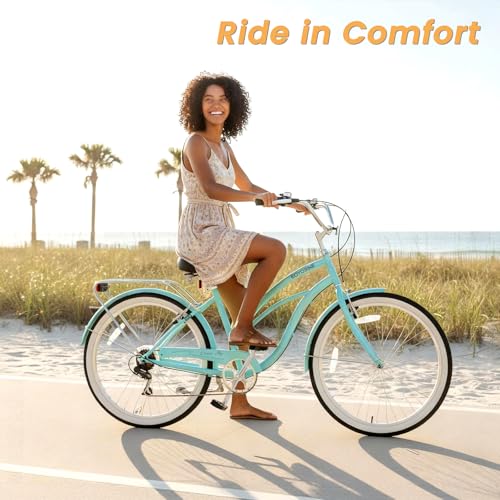Image of MOONCOOL Beach Cruiser Bike for Women and Men, 24 /26 Inch 7-Speed Adult Bicycle, Comfortable Step-Through Frame with Rear Rack, Classic City Cruiser