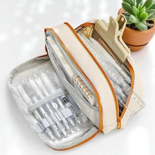 Image of Canvas School Bag Pencil Case, 3 Layer 6 Compartment Large Capacity, Aesthetic Pencil Pouch for Stationary, Cute Stationery for Kids, Pencil Case for Girls & Boys (Cream Pouch)